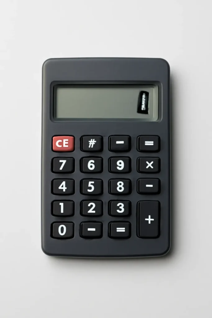 Moderner digitaler Taschenrechner mit Zahlenfeld und Finanzberechnungsanzeige, symbolisiert Brutto-Netto-Rechner für Gehaltsberechnung in Deutschland.