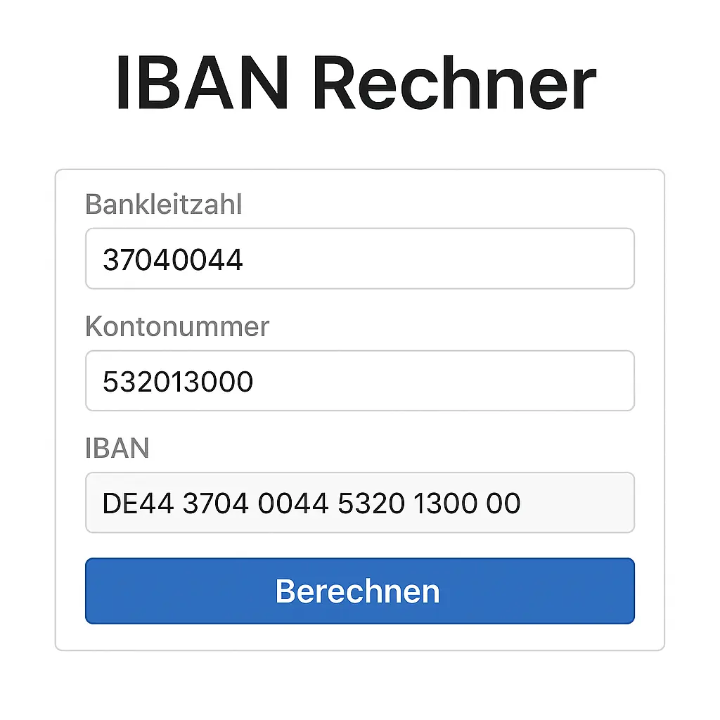 Screenshot eines IBAN Rechners mit Auswahlfeld für Banken, Eingabefeld für Kontonummer und Button zur Berechnung der IBAN, dargestellt in modernem, benutzerfreundlichem Design.