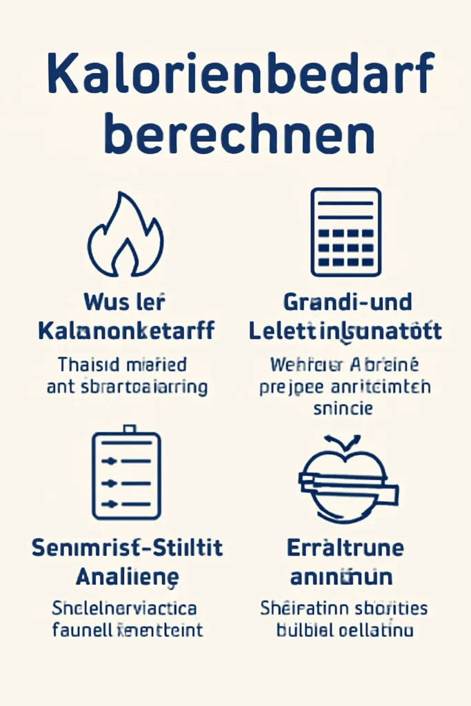 Infografik mit dem Titel ‚Kalorienbedarf berechnen‘, die vier Abschnitte mit Symbolen zeigt: Flamme für Kalorienbedarf, Taschenrechner für Berechnungsformeln, Checkliste für Schritt-für-Schritt-Anleitung und Apfel für gesunde Ernährungsplanung.